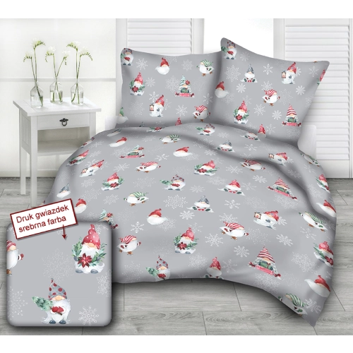 Komplet Pościeli z Bawełny 100% 160x200 2x70x80 mikołaj gwiazdka na szarym